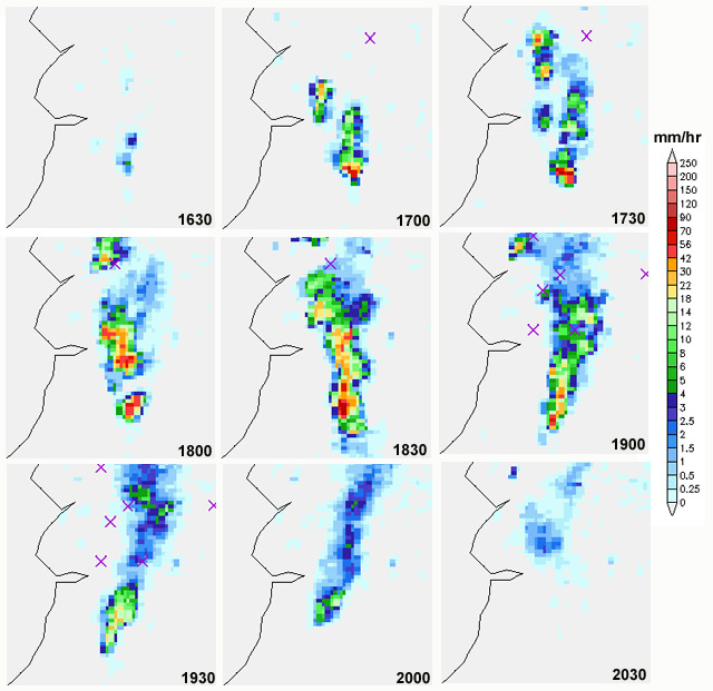 Rainfall Radar, Machynlleth district, 1st July 1630 BST to 2030 BST