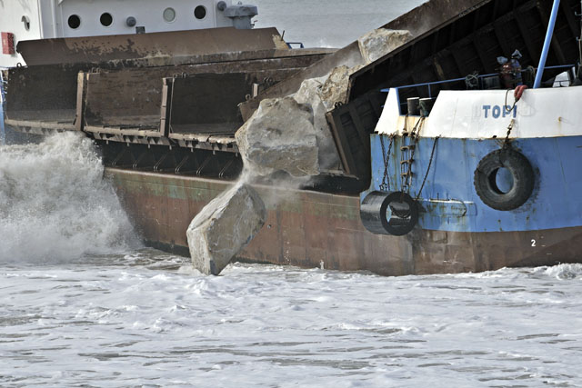 Tywyn Dea Defences: delivery of boulders by sea