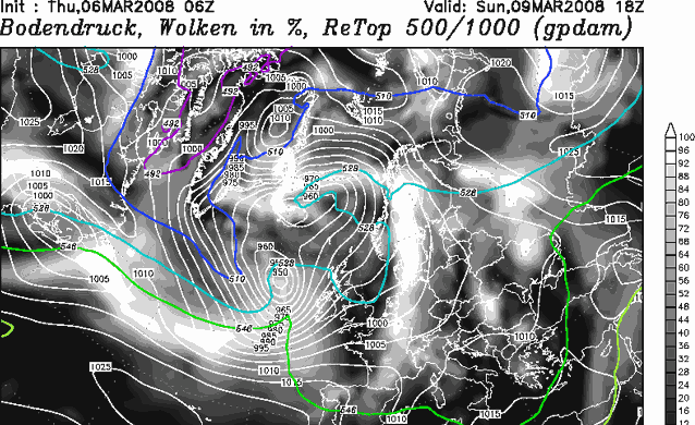0600 GFS chart 6th March for 1800 9th March 2008: surface pressure