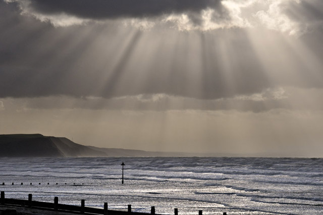 Crepuscular rays over Cardigan Bay