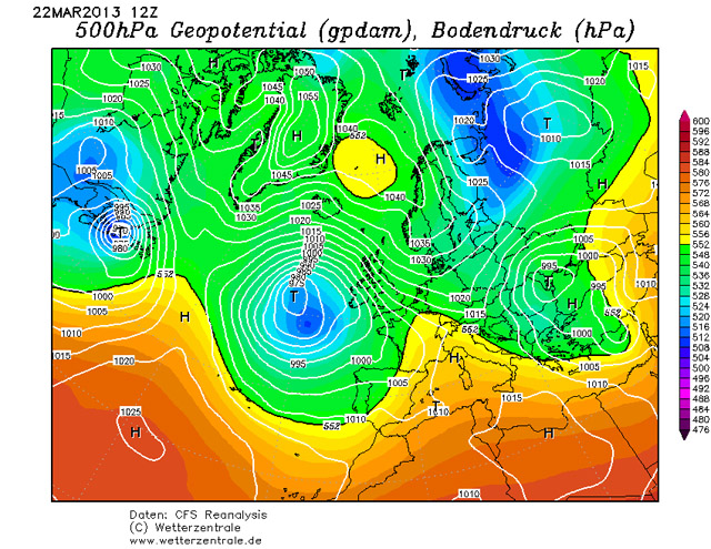 pressure chart, snow event 22nd March 2013