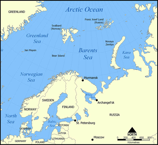 map showing location of Barents and Kara Seas