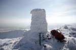 Ice-rime on summit trig-point of Aran Fawddwy