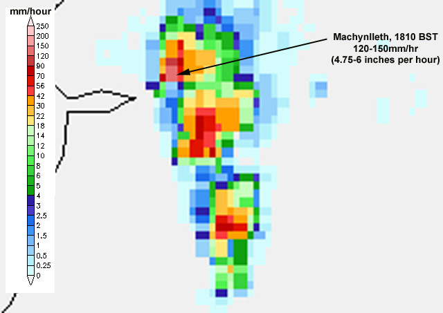 Rainfall radar for Machynlleth, July 1st 2009, 1810 BST