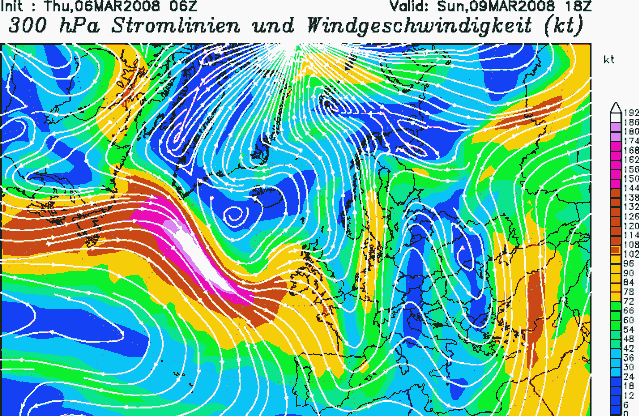 0600 GFS chart 6th March for 9th March 2008 1800: upper windfields
