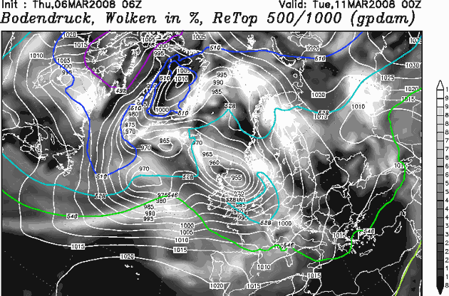 06 GFS chart 6th March for Tuesday 11th March 2008 00z: surface pressure