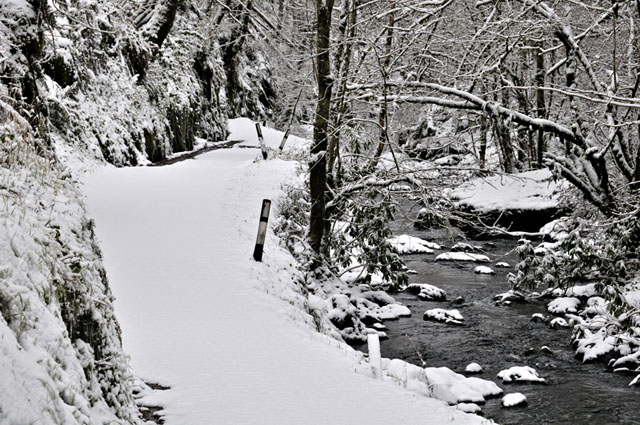 Llyfnant Valley road in snow