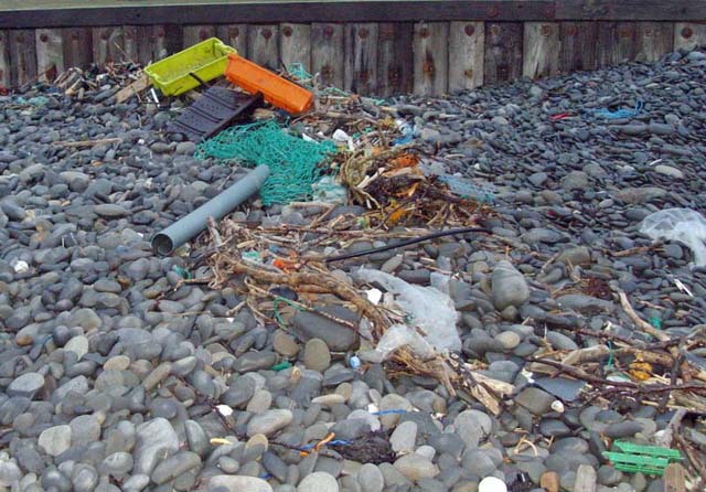 plastic flotsam after the storm at Borth